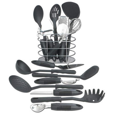 Maxam KTOOL172 Kitchen Utensil 17 Piece Set with Wire Storage Basket - House Home & Office - Fits My Budget