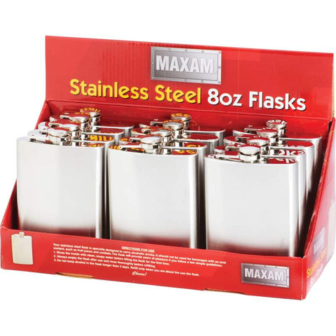 Maxam Stainless Steel 8 ounce Flasks in Countertop Display (12) KTFLK8D